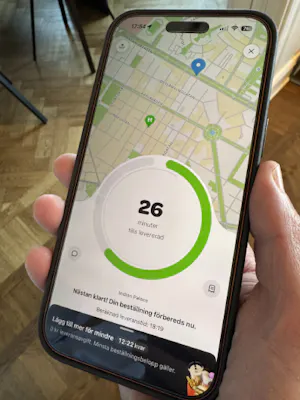 Wolt app med spårning av matleverans och uppskattad leveranstid i realtid