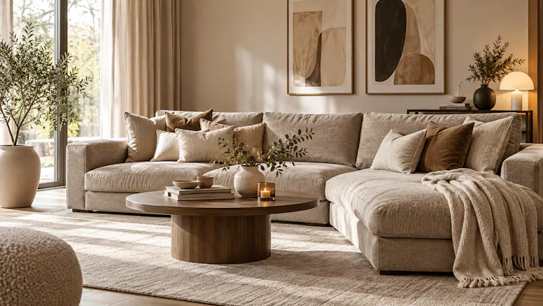 Ljust skandinaviskt vardagsrum med beige divansoffa, mjuka kuddar, soffbord i trä och varma naturtoner.